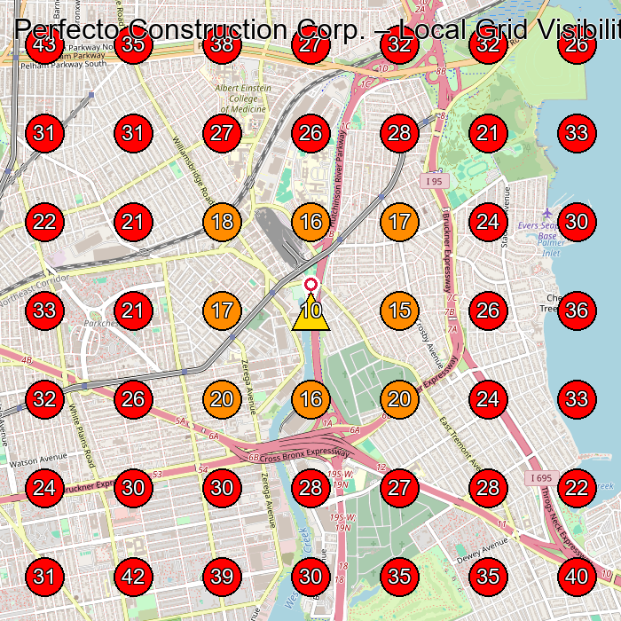 Perfecto Construction Corp. GeoGrid visibility map for Construction Company in Bronx